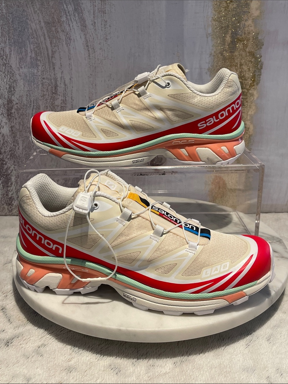 NWT Salomon XT-6 Sneakers Shortbread / Poppy Red / Green Ash USA W 9 M 8